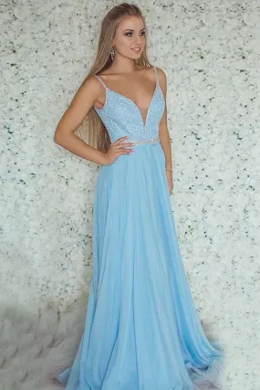 A-Line Prom Dresses Prom Gowns Spaghetti Straps V-Neck Beading