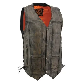 BROWN MLM3540 Men's Roulette Distressed Brown 10 Pocket Motorcycle Leather Vest