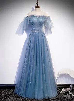 Charming Light Blue Tulle Puffy Sleeves Floor Length Party Dress A-Line Pricess Gowns Prom Dress Sparkly