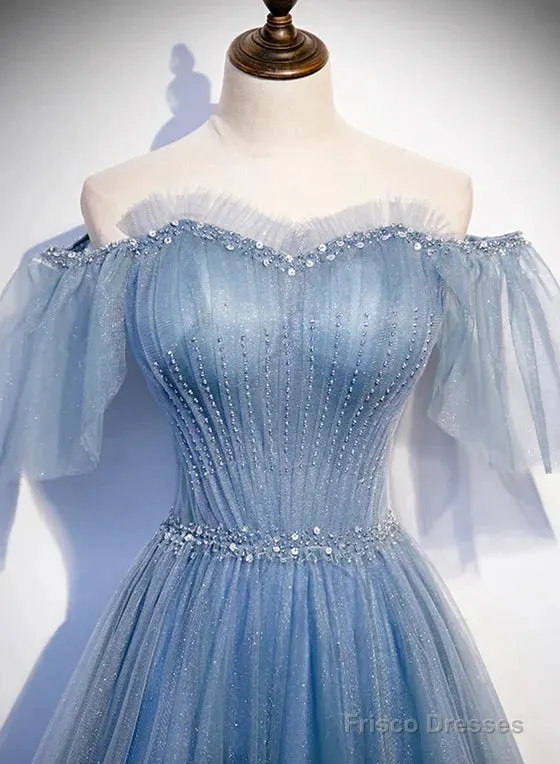 Charming Light Blue Tulle Puffy Sleeves Floor Length Party Dress A-Line Pricess Gowns Prom Dress Sparkly