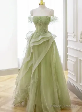 Cute Light Green A-Line Beaded Tulle Party Dress, Light Green Long Prom Dress