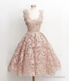 Cute Light Pink Lace Short Prom Dress, Lace Bridesmaid Dress