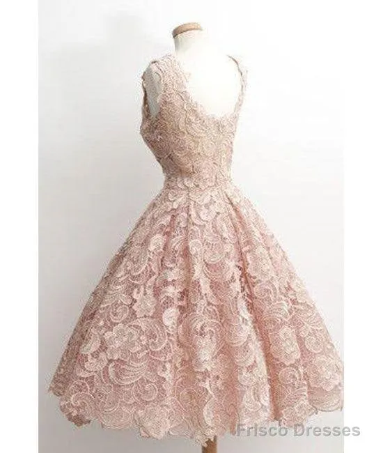 Cute Light Pink Lace Short Prom Dress, Lace Bridesmaid Dress