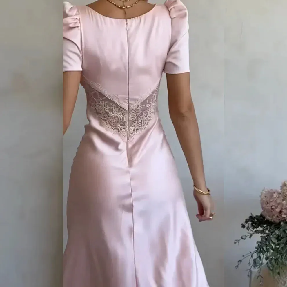 Formal Wear Dresses Light Pink Elegant Lace Satin Short Sleeves Party Dress Stores With Prom Dresses Formal Women's Dresses