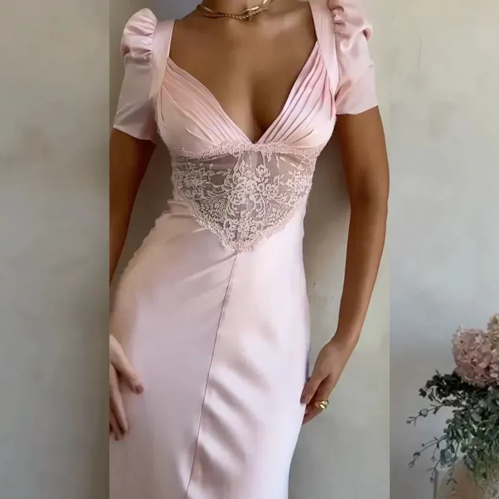 Formal Wear Dresses Light Pink Elegant Lace Satin Short Sleeves Party Dress Stores With Prom Dresses Formal Women's Dresses