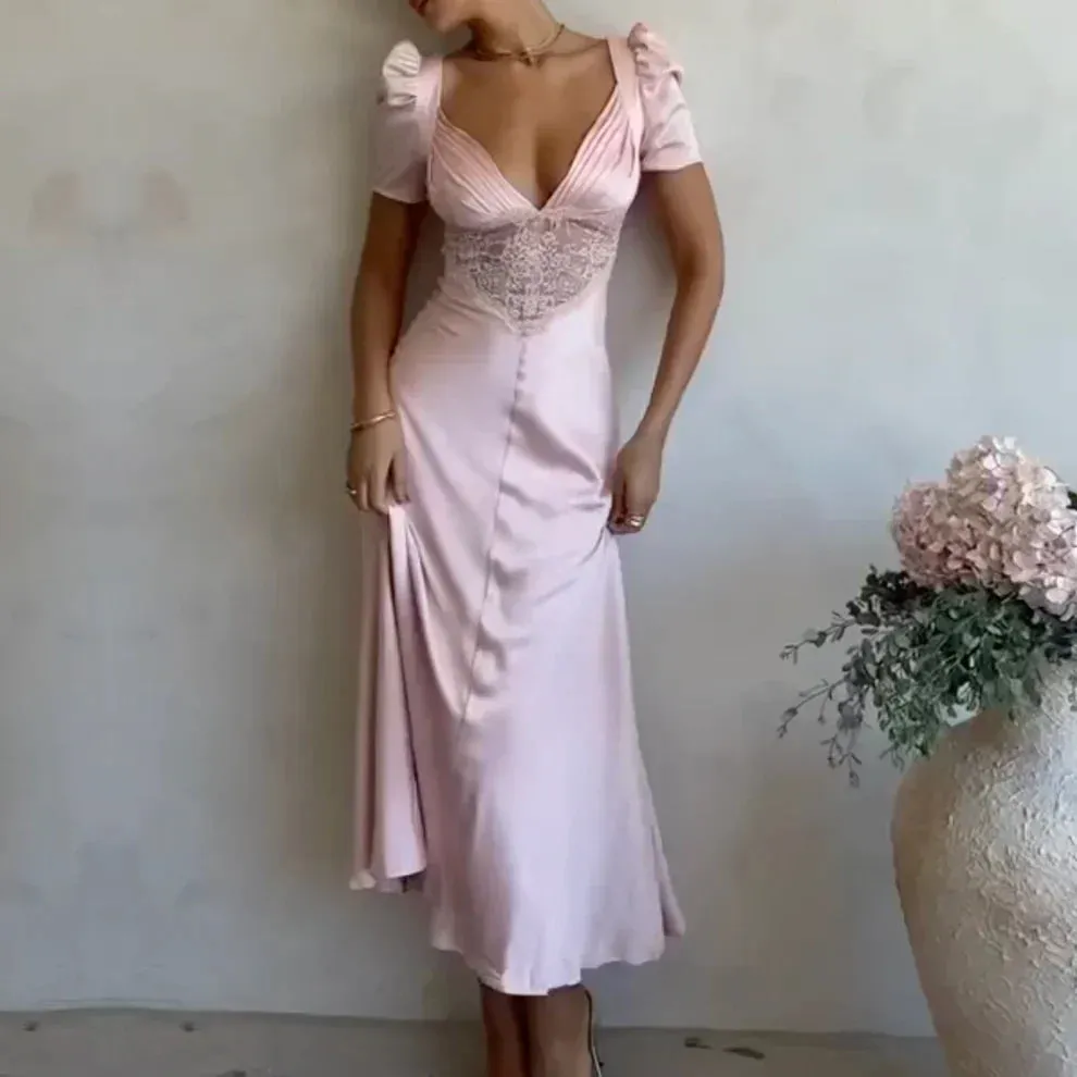 Formal Wear Dresses Light Pink Elegant Lace Satin Short Sleeves Party Dress Stores With Prom Dresses Formal Women's Dresses