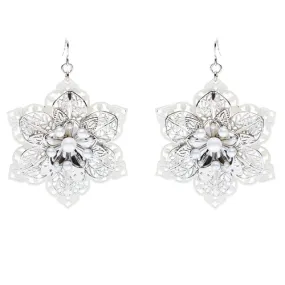 Glamorous Oversized Flower Layered Fashion Dangle Charm Earrings Silver