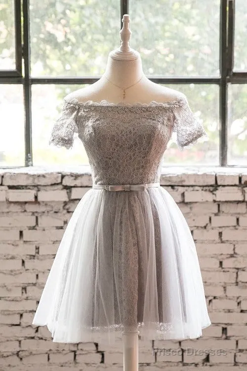 Grey Lace Tulle Short Sleeves Homecoming Dress Party Dress, Light Grey Formal Dresses