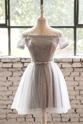 Grey Lace Tulle Short Sleeves Homecoming Dress Party Dress, Light Grey Formal Dresses