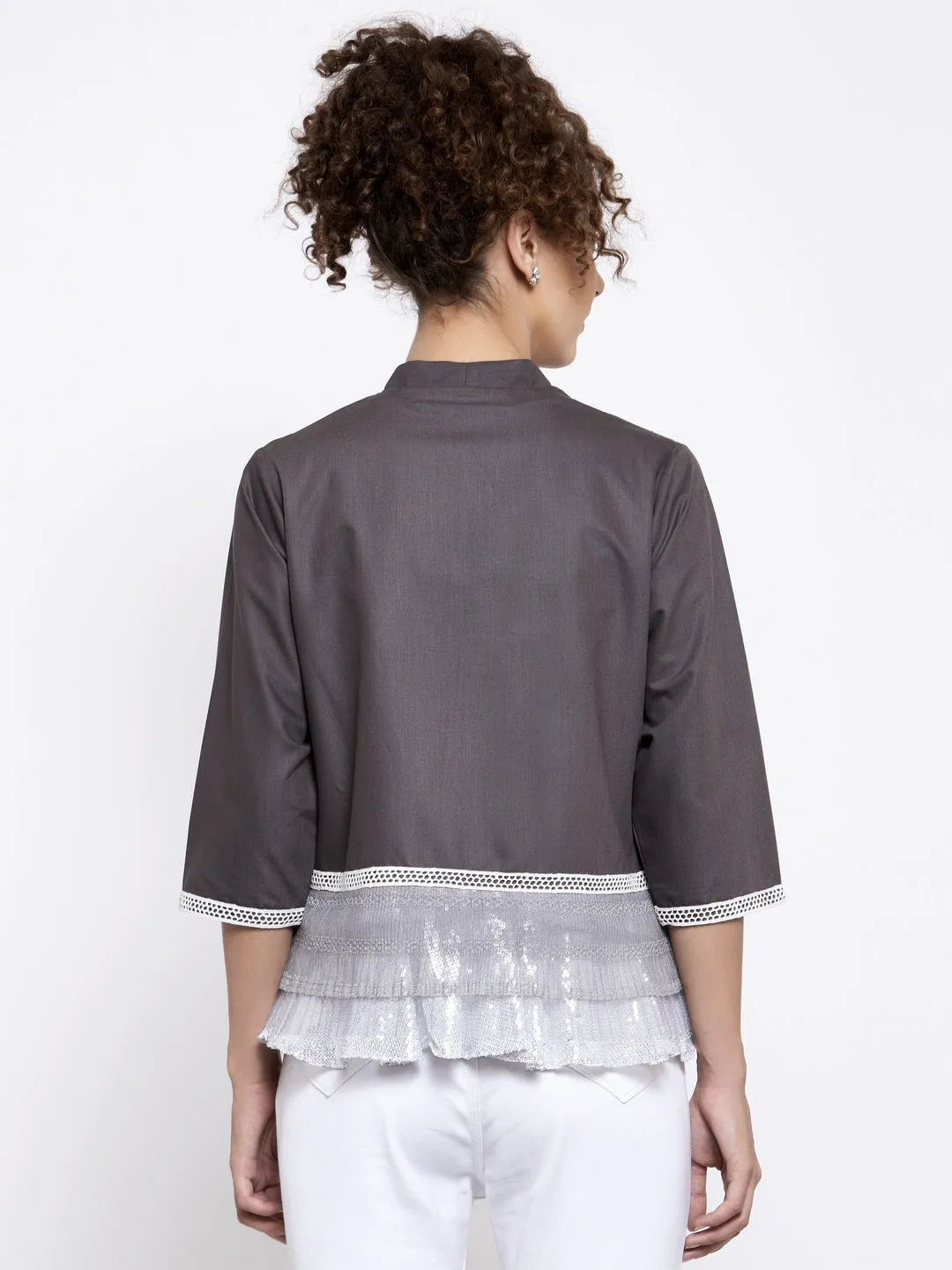 Grey Mix & Match Jacket With Sequins Frill At Shoulder