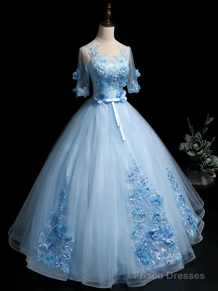 Light Blue Ball Gown With Sleeves Party Dress, Blue Sweet 16 Dress