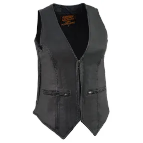 MLL4555 Women's Black Naked Leather Motorcycle Rider Vest- Stretch Side Panel W/Front Zip Closure