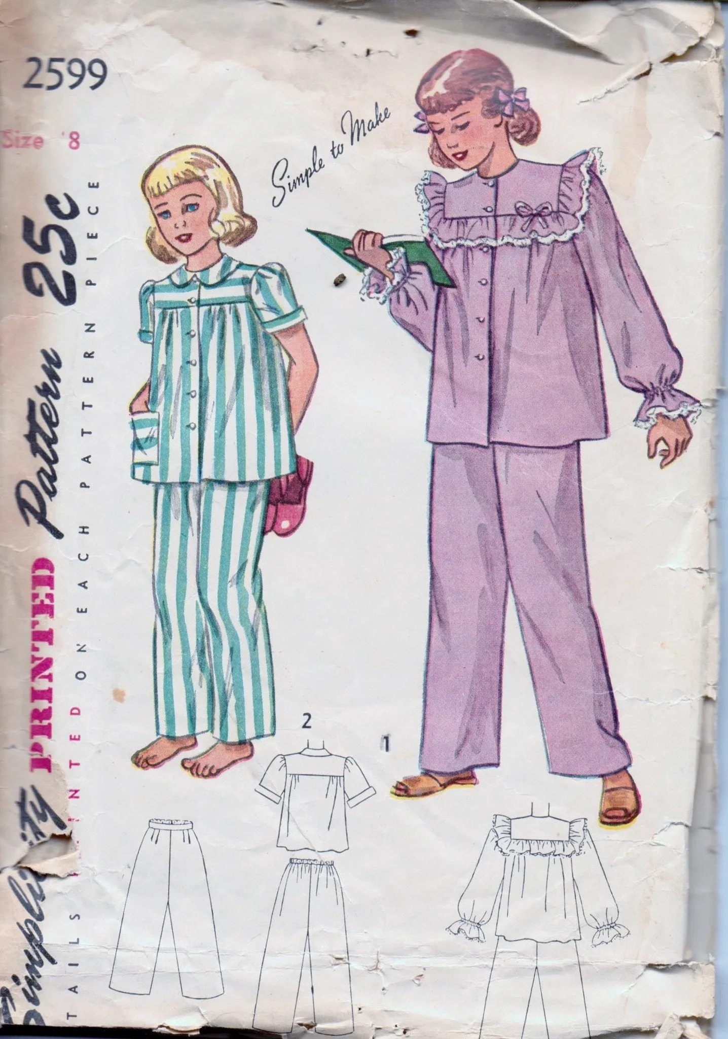 Simplicity 2599 Young Girls Two Piece Pajamas PJ's Vintage 1940's Sewing Pattern
