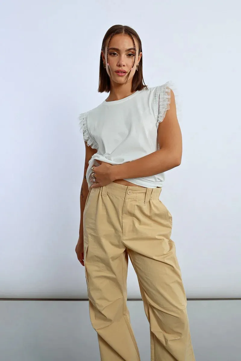 White Lace Trimmed Sleeveless T-Shirt